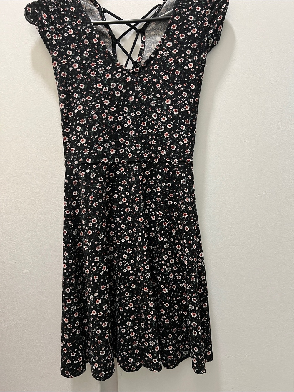 Aeropostale Black Floral Fit & Flare Dress with Crisscross Back